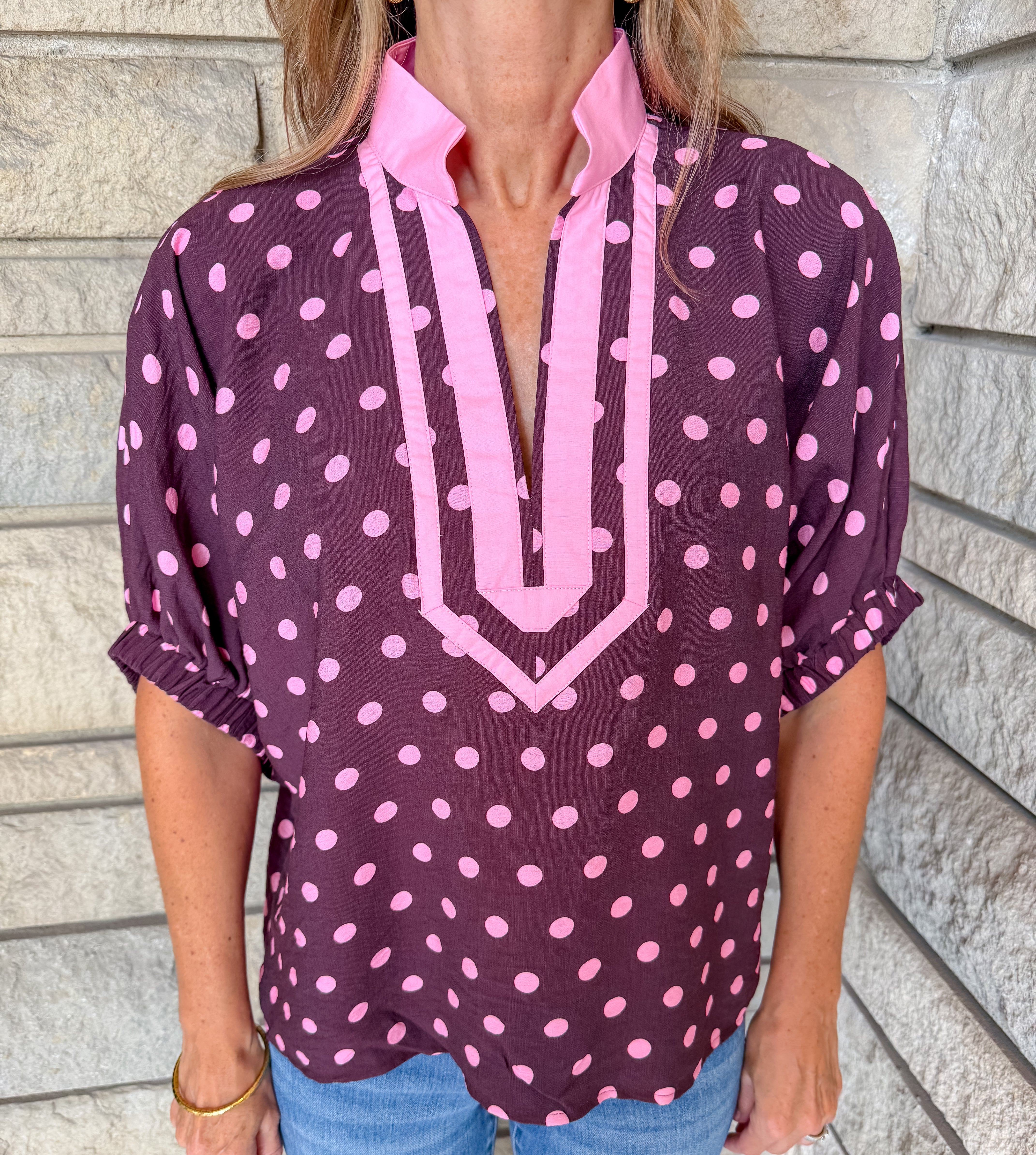Cece SS Polka Dot Dolman Top