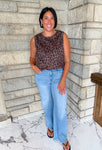 Leopard print sleeveless top with sueded finish and smocked trim