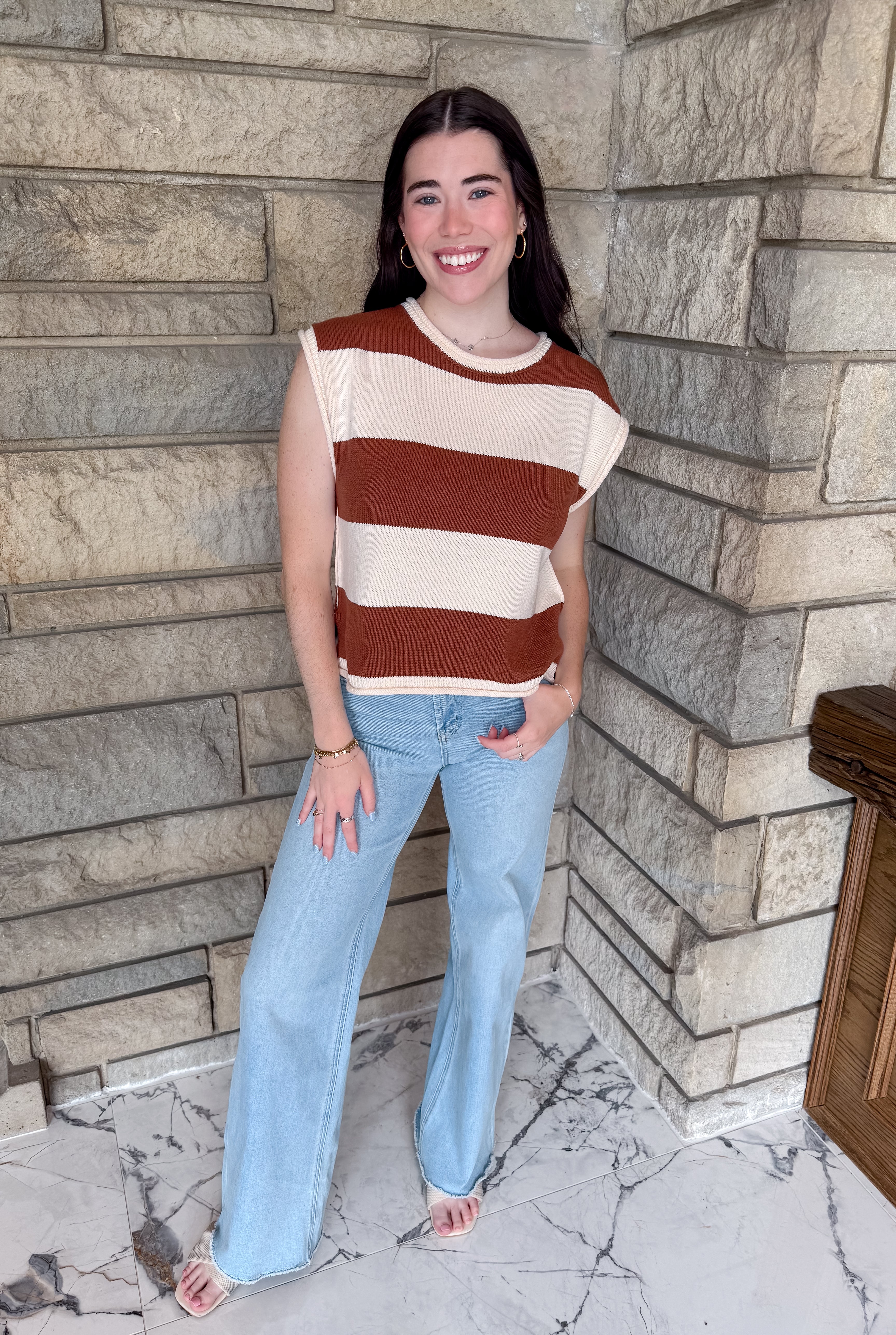 camel and cream bold striped sleeveless sweater 