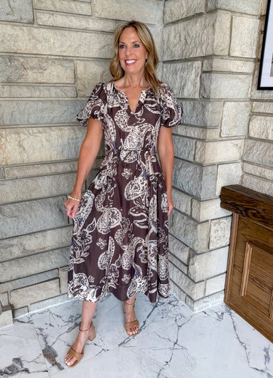 Brown with cream paisley print short puff bubble sleeves and self tie belt midi length