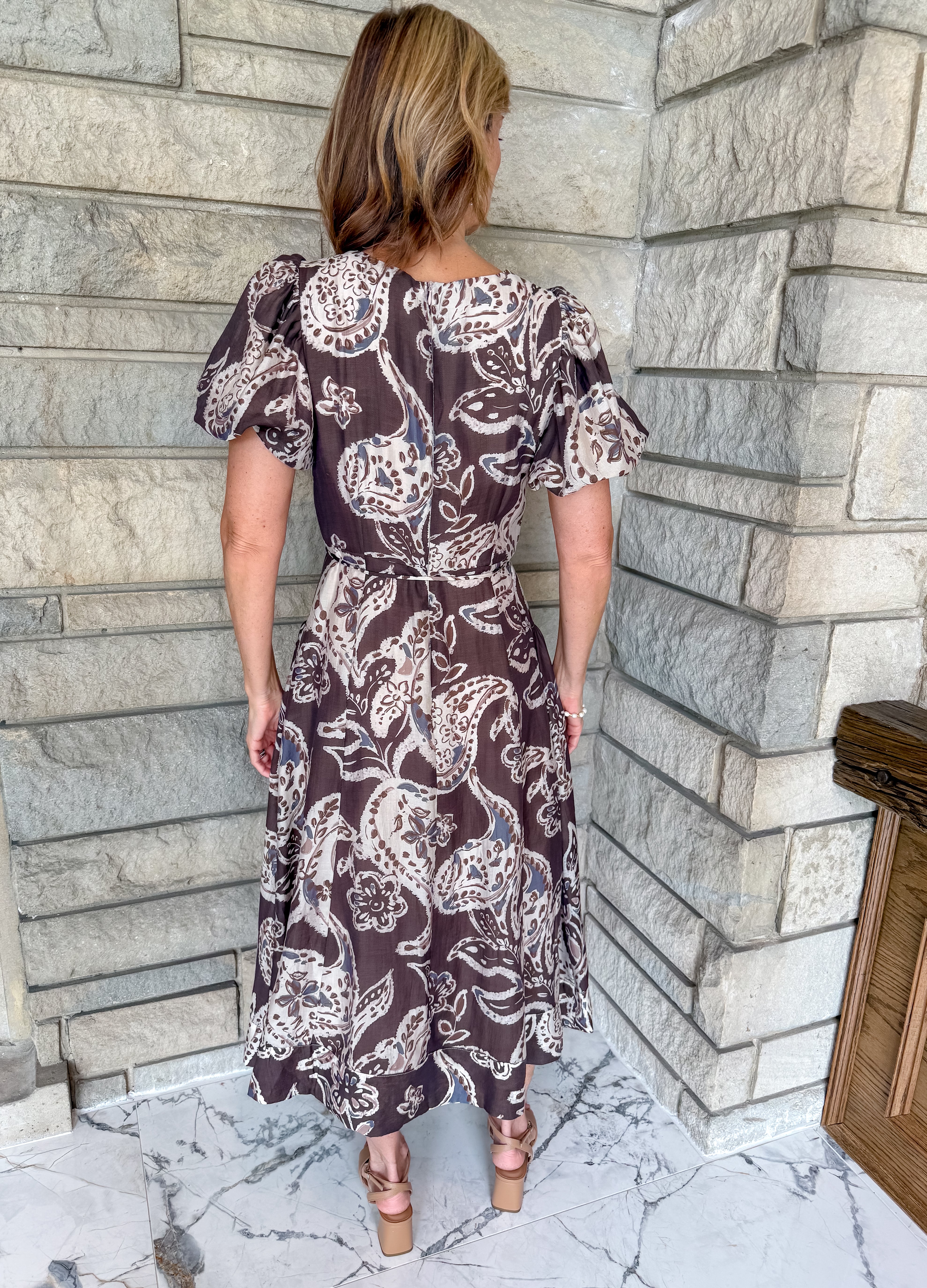 Alba Paisley Puff Sleeve Midi Dress