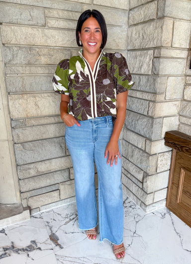 Olive green floral print top contrast stripe trim short puff bubble sleeves