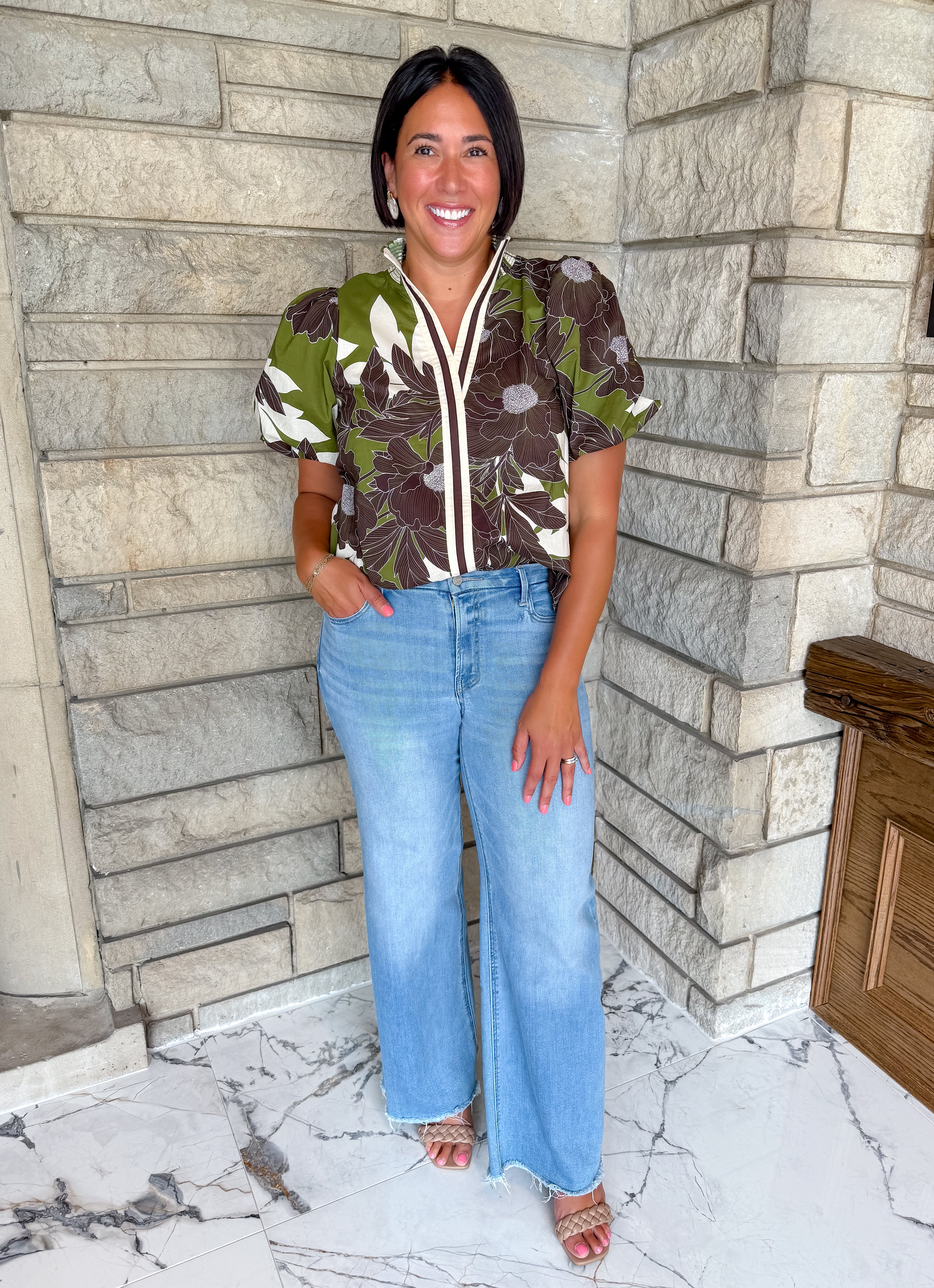 Olive green floral print top contrast stripe trim short puff bubble sleeves