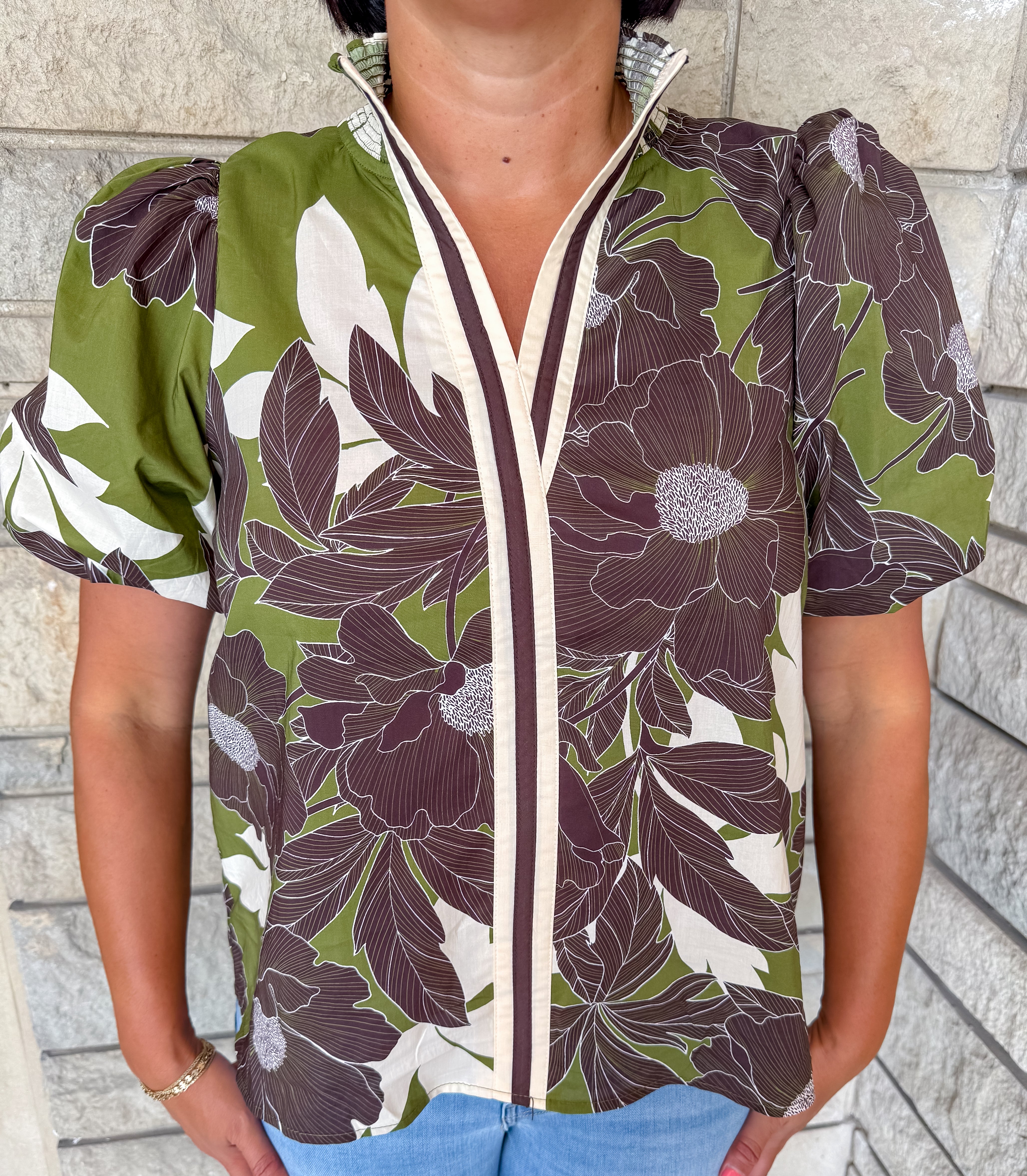 Eve Floral Contrast Trim V-neck Top