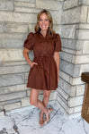 brown puff sleeve dress with collar and buttons and cinched waist with gold toggles short length