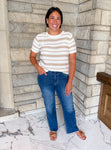 White/Taupe striped short sleeve lightweight sweater
