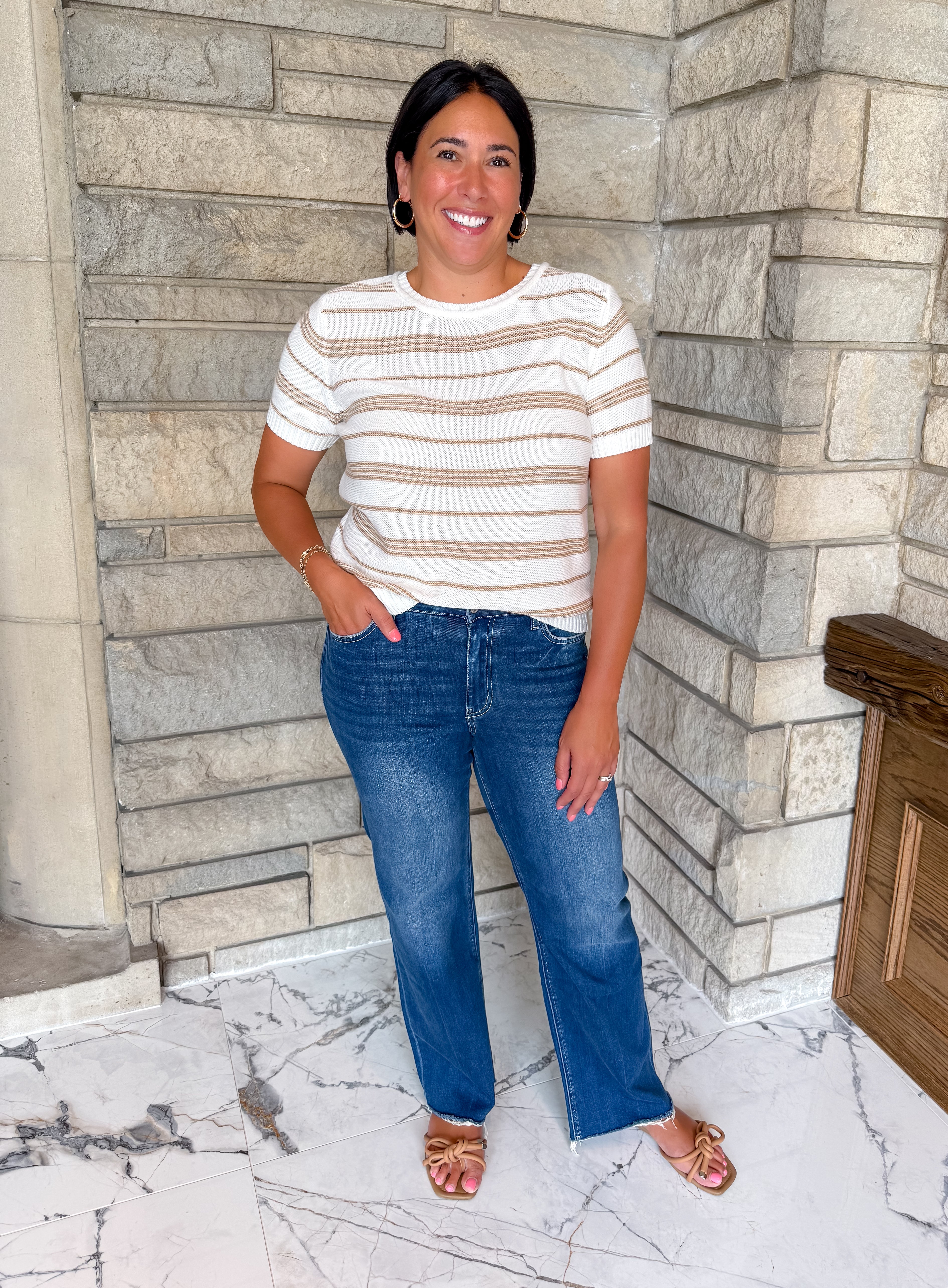 White/Taupe striped short sleeve lightweight sweater