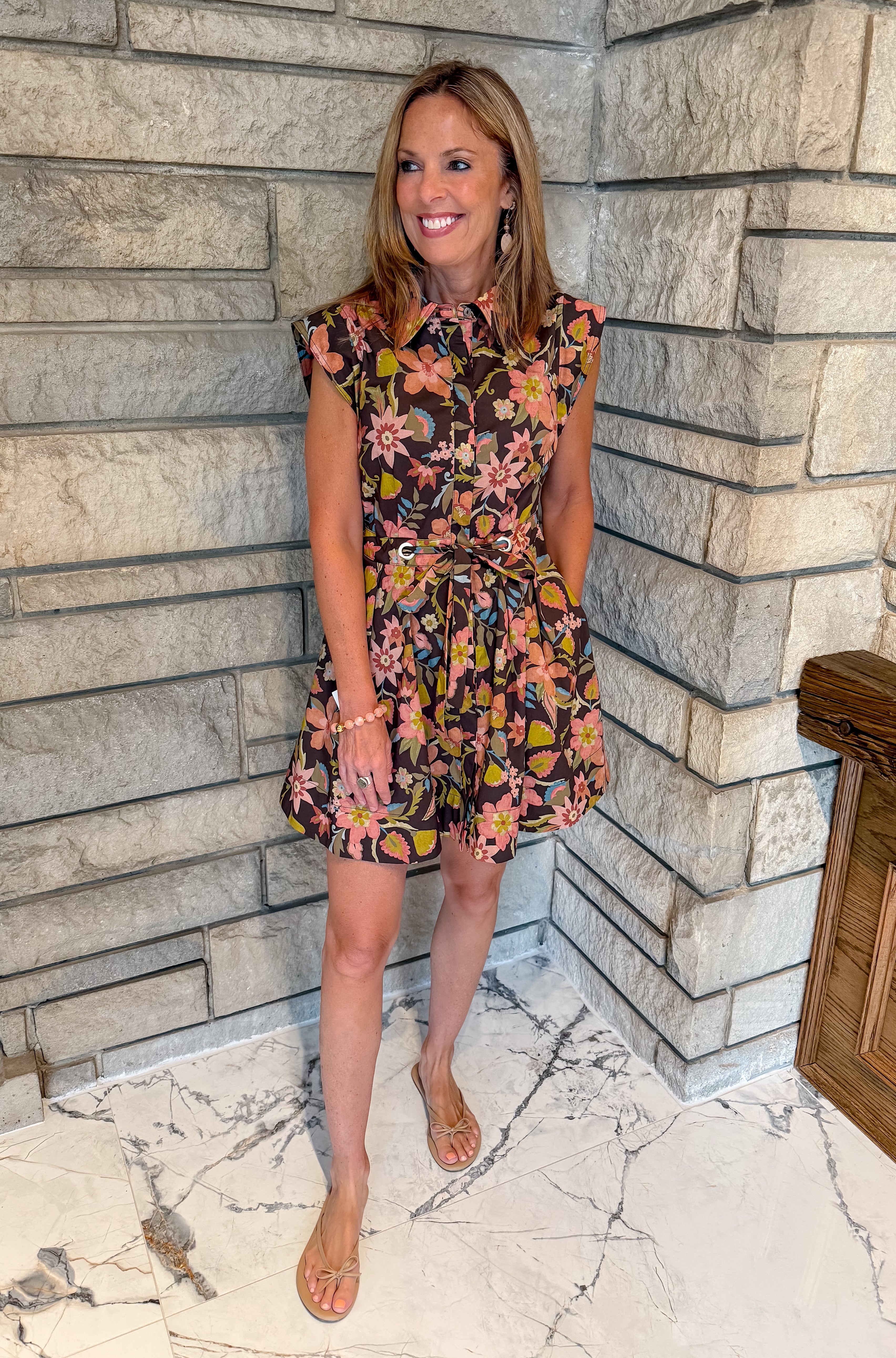 brown with bright floral print sleeveless buttons collar self tie waist mini dress
