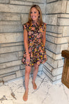 brown with bright floral print sleeveless buttons collar self tie waist mini dress