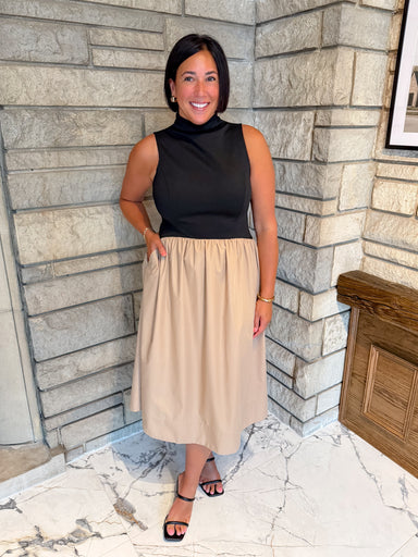 mixed media midi dress black sleeveless mock neck with taupe midi skirt
