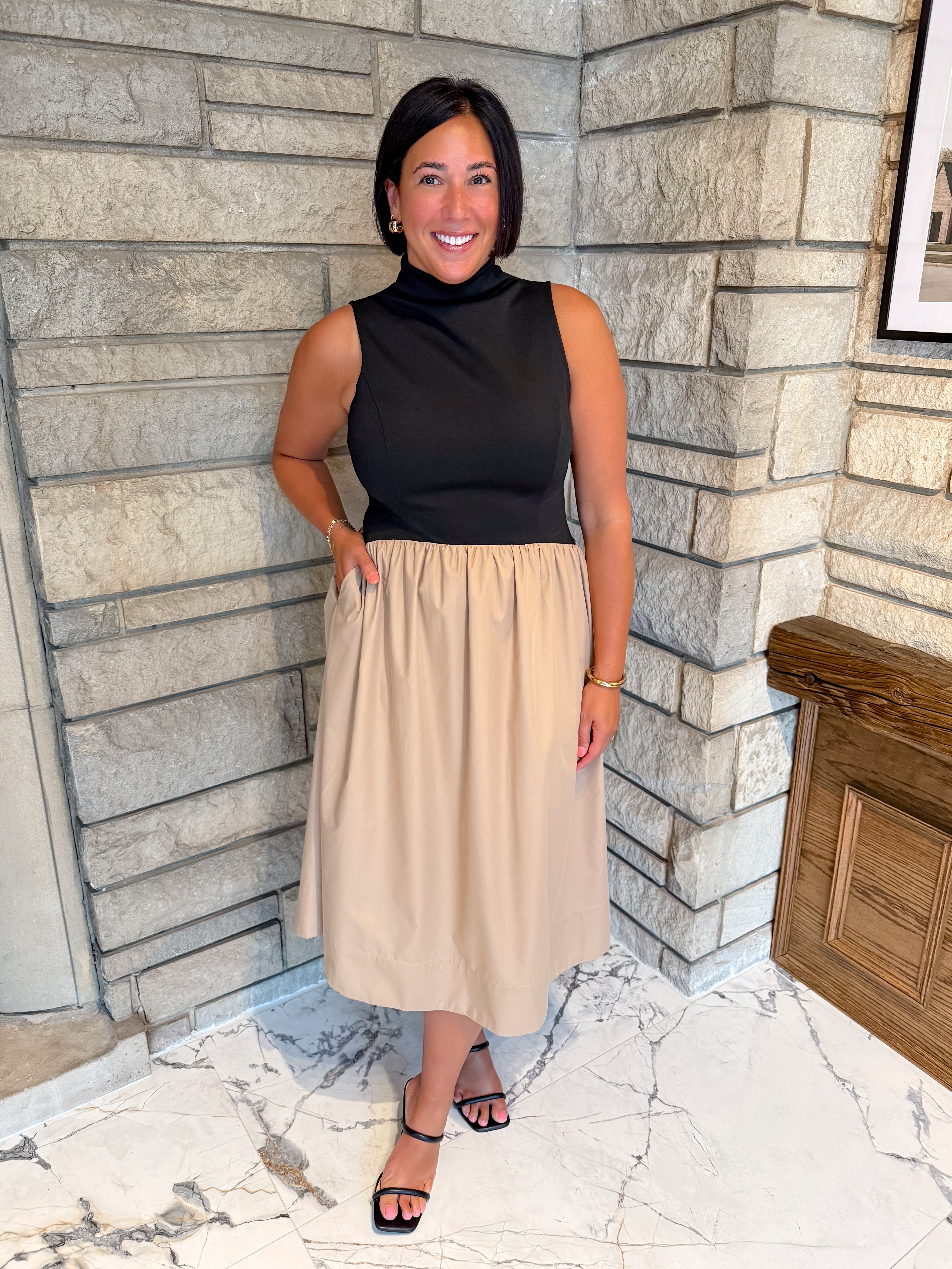 mixed media midi dress black sleeveless mock neck with taupe midi skirt