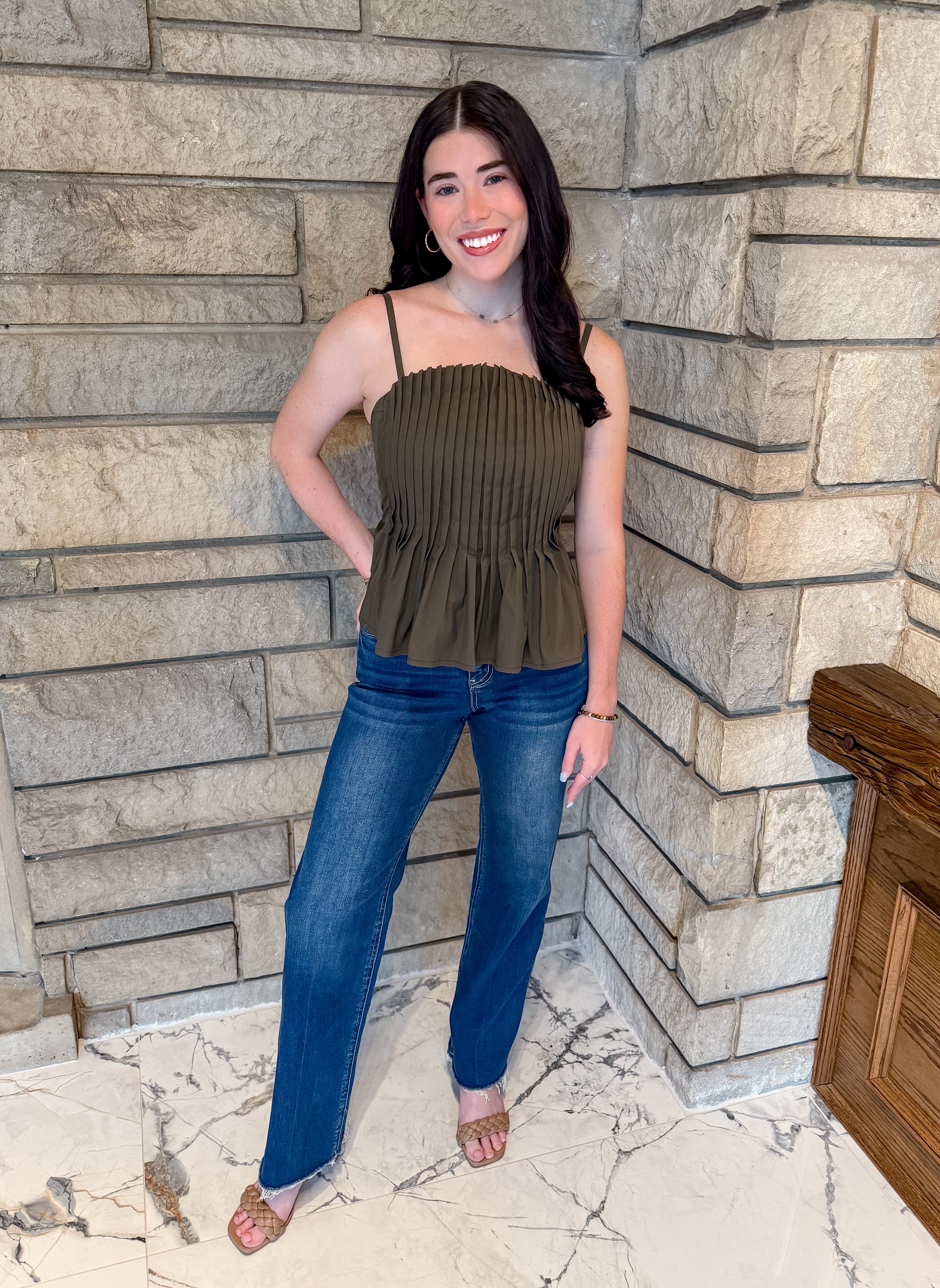 olive pintucked bodice strappy peplum top