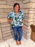 pine green top with light blue and off white watercolor floral print pintucking buttons puff sleeves ruff cuff