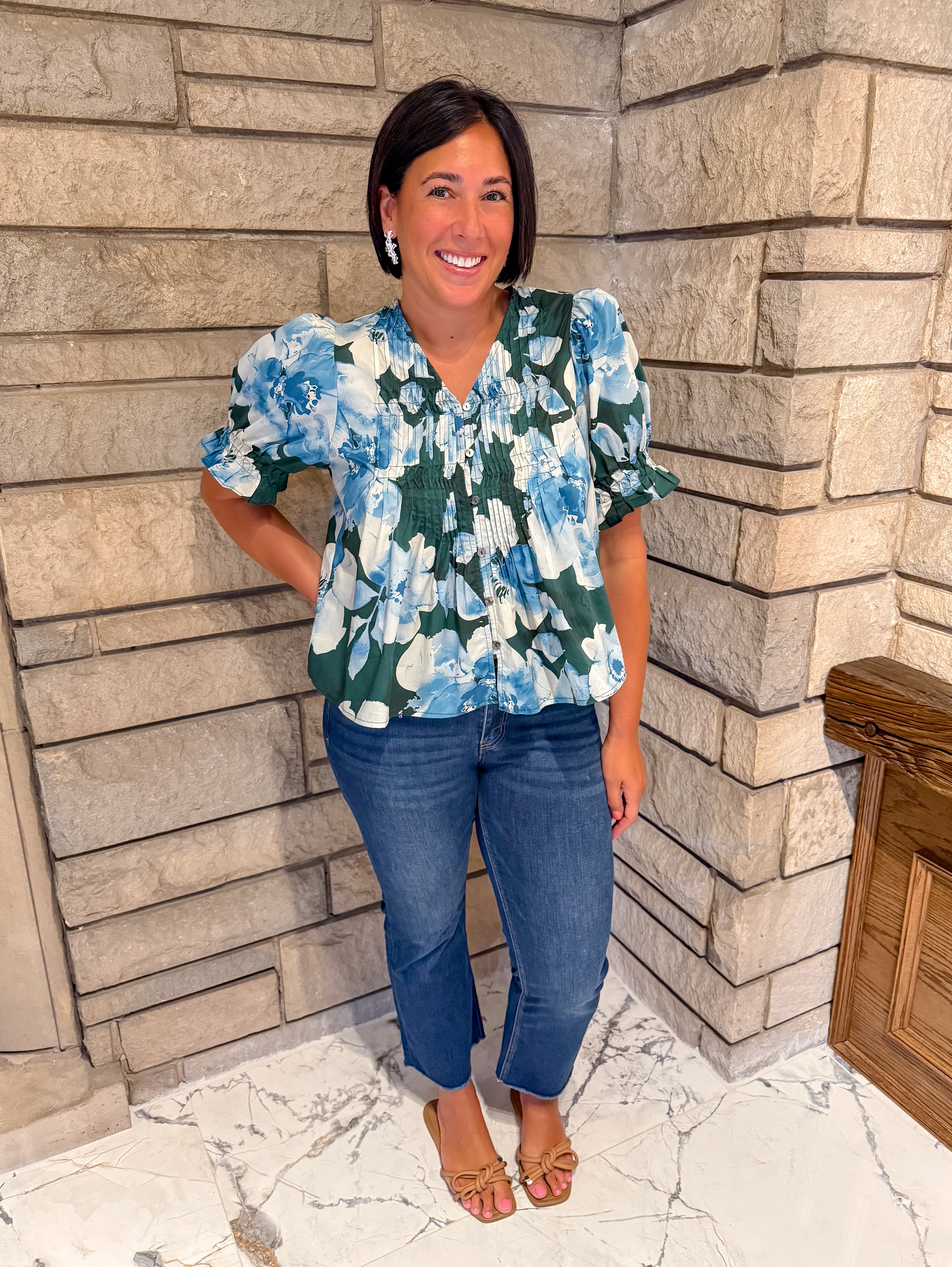 pine green top with light blue and off white watercolor floral print pintucking buttons puff sleeves ruff cuff