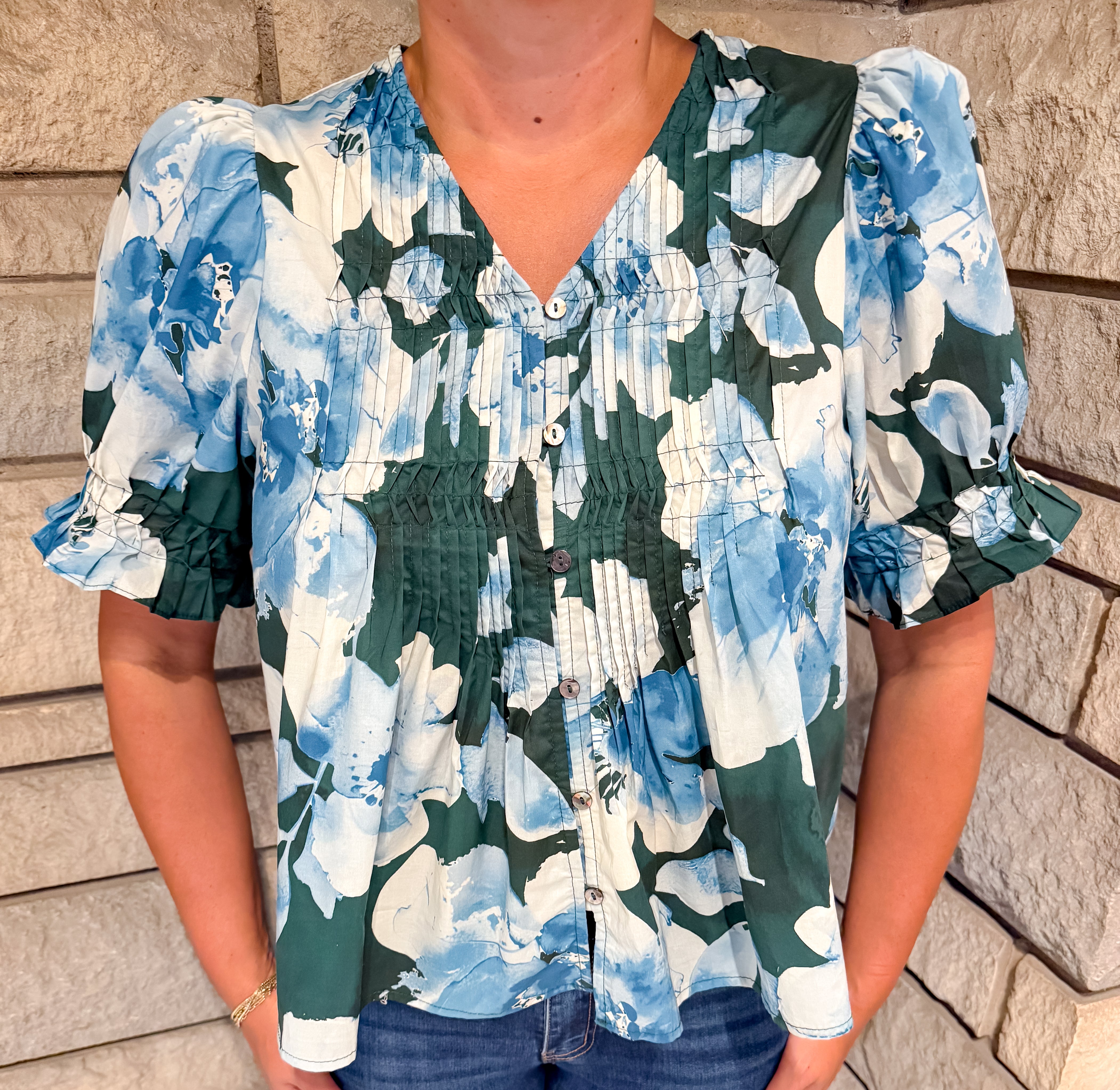Faye Floral Button Pintuck Top