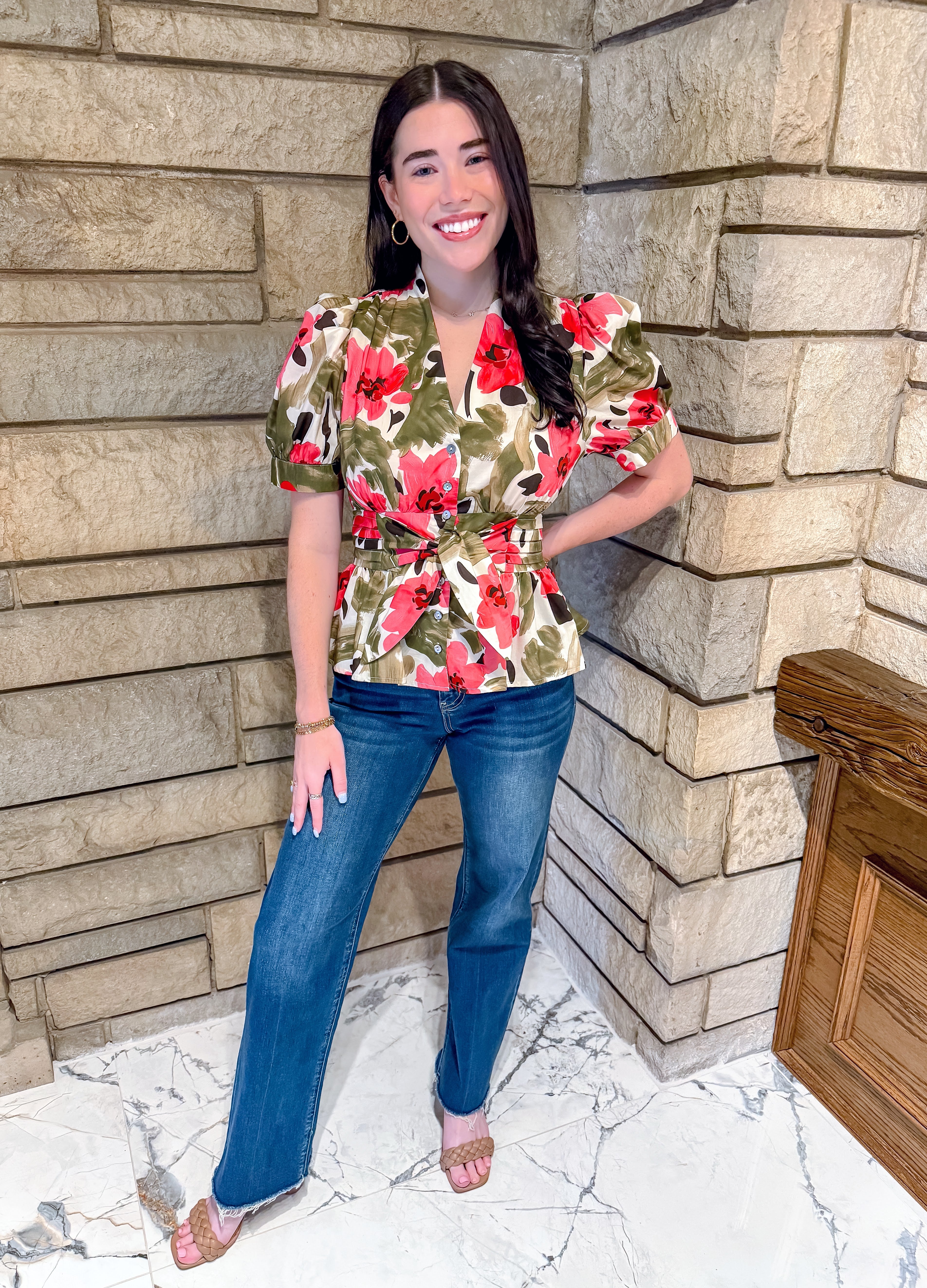 olive and light red floral top v neck peplum with tie waist short puff sleeves
