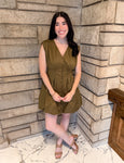 dark olive sleeveless dress with pintucking and brass buttons bubble skirt mini dress