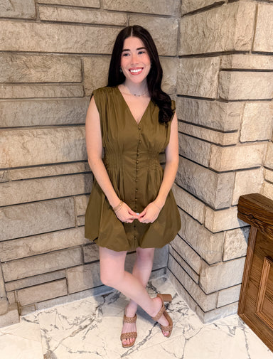 dark olive sleeveless dress with pintucking and brass buttons bubble skirt mini dress