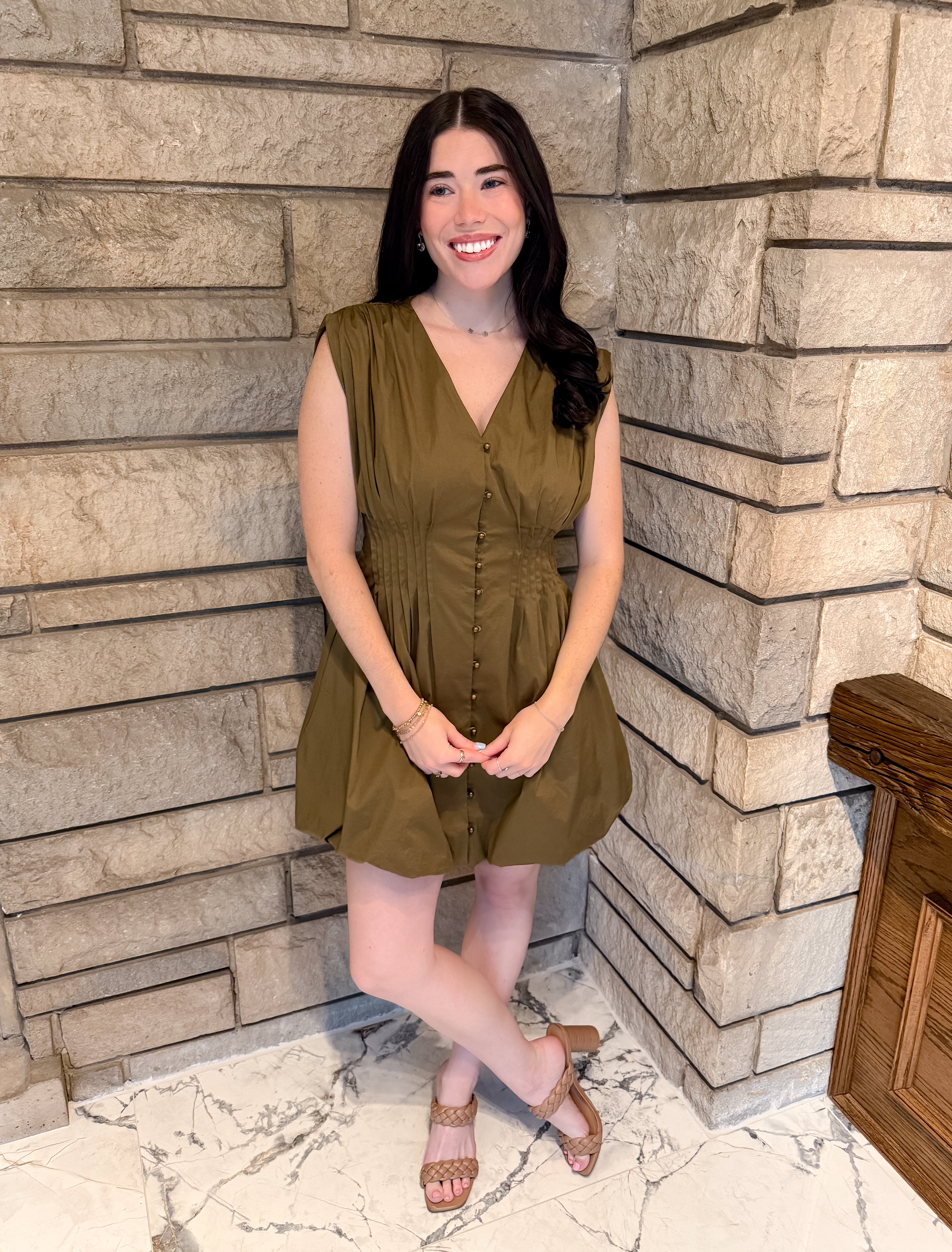 dark olive sleeveless dress with pintucking and brass buttons bubble skirt mini dress