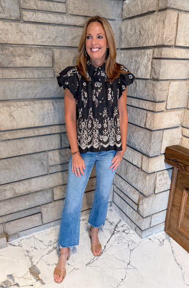 black button puff sleeve button top with collar and ivory print