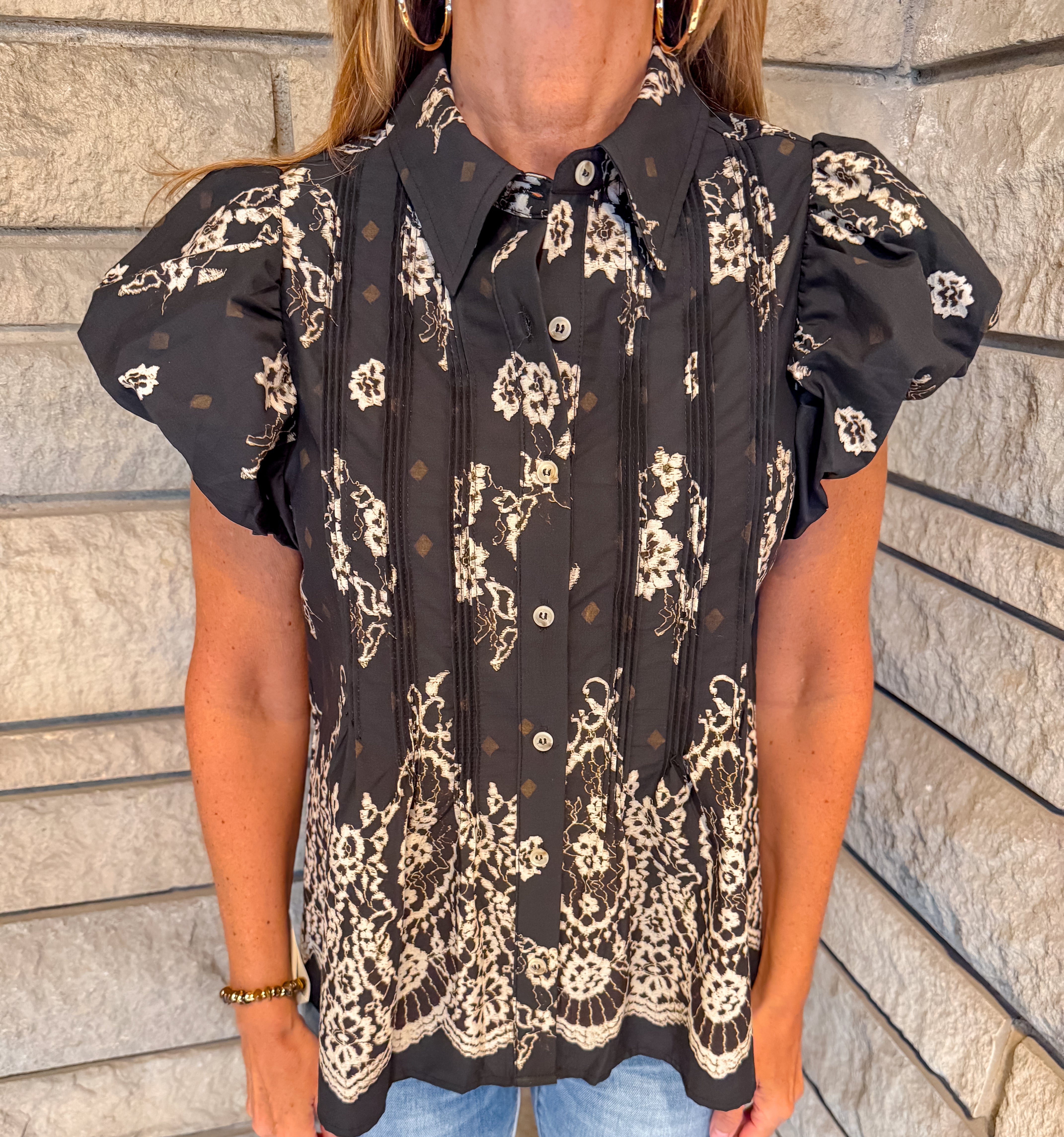 Fable Pintuck Puff Sleeve Collared Top