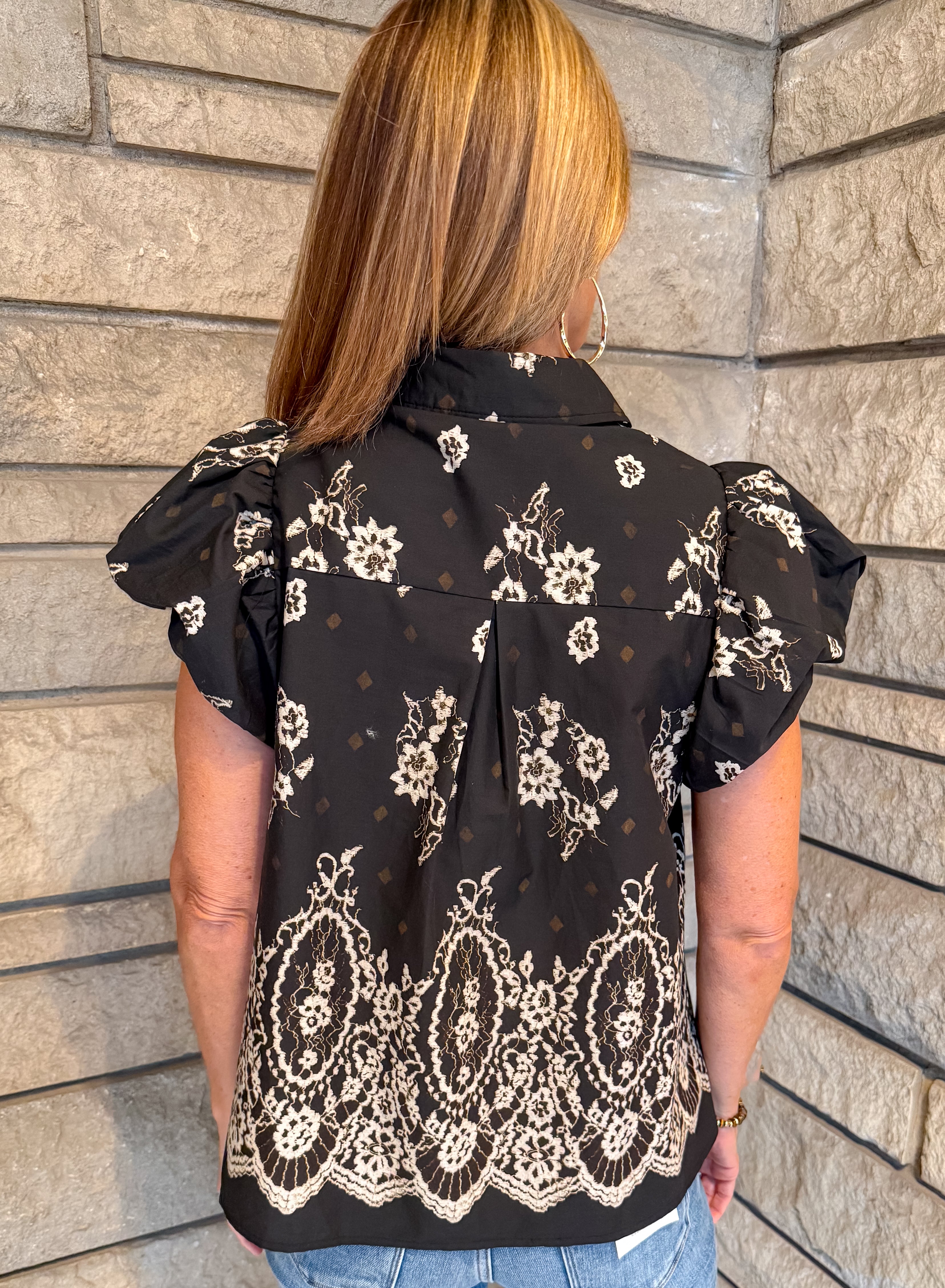 Fable Pintuck Puff Sleeve Collared Top