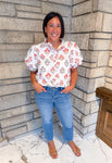 white eyelet button puff sleeve top ruffle trim red multi flower print