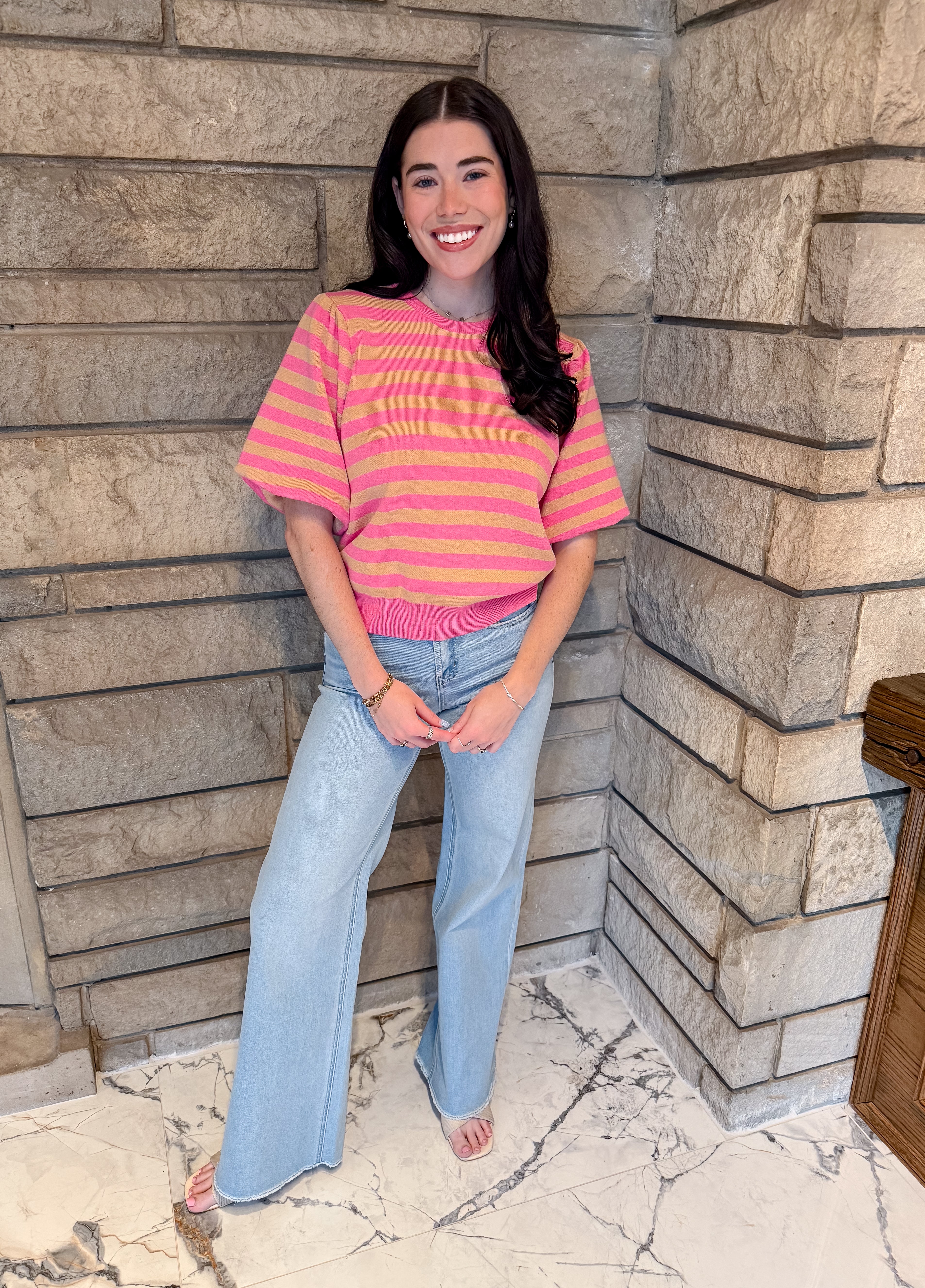 pink and tan striped short bubble sleeve sweater 