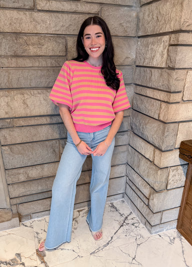 pink and tan striped short bubble sleeve sweater 
