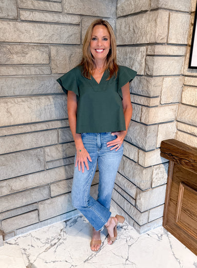 v neck flutter sleeve pine green top