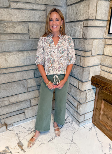 natural floral print 3/4 length sleeves green floral mix top