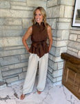 brown sleeveless button mock neck top tie waist