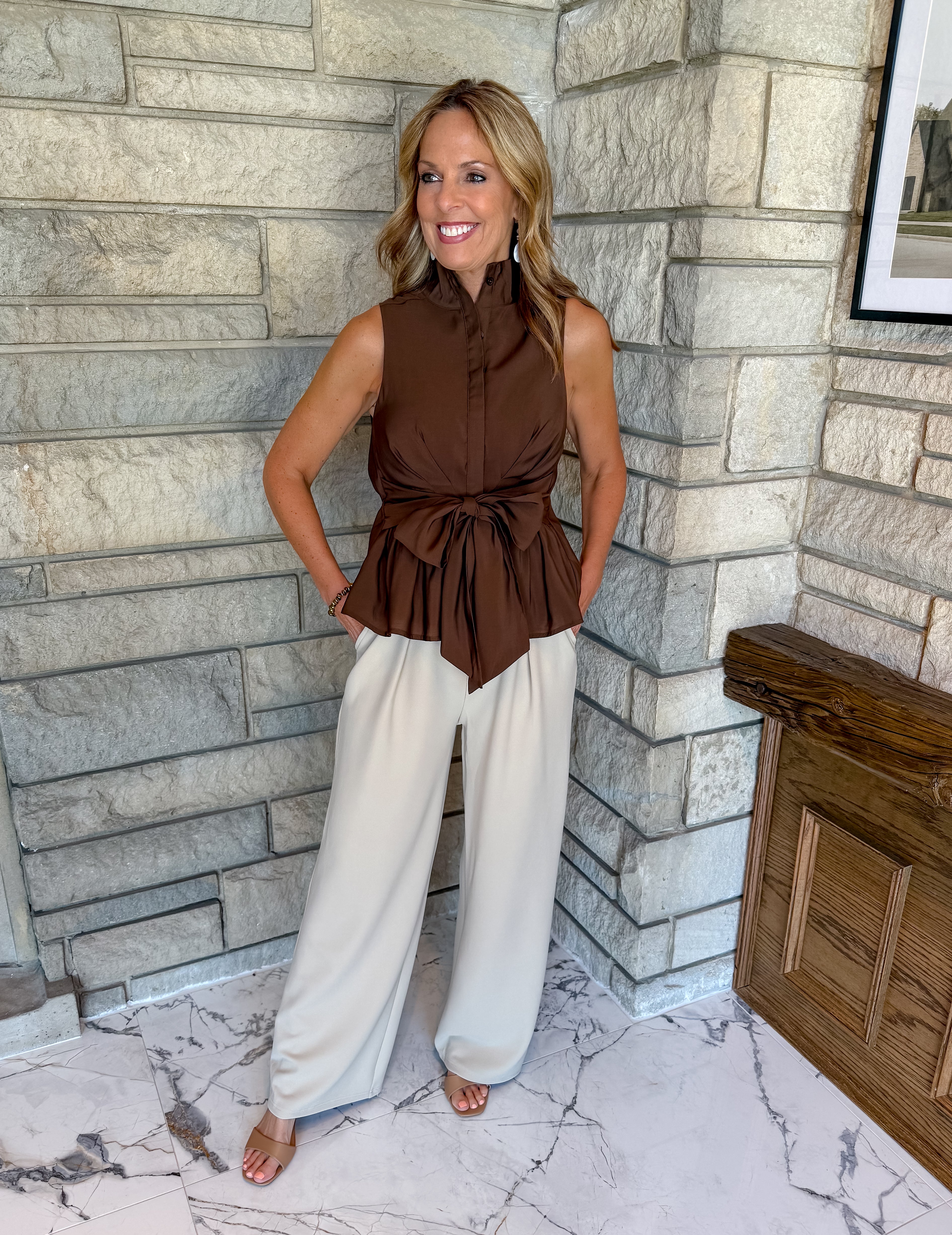 brown sleeveless button mock neck top tie waist