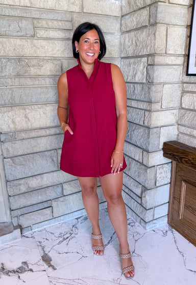 Crimson burgundy sleeveless dress mock neck button short
