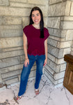burgundy Cap sleeve lightweight knit top with lace trim along hem