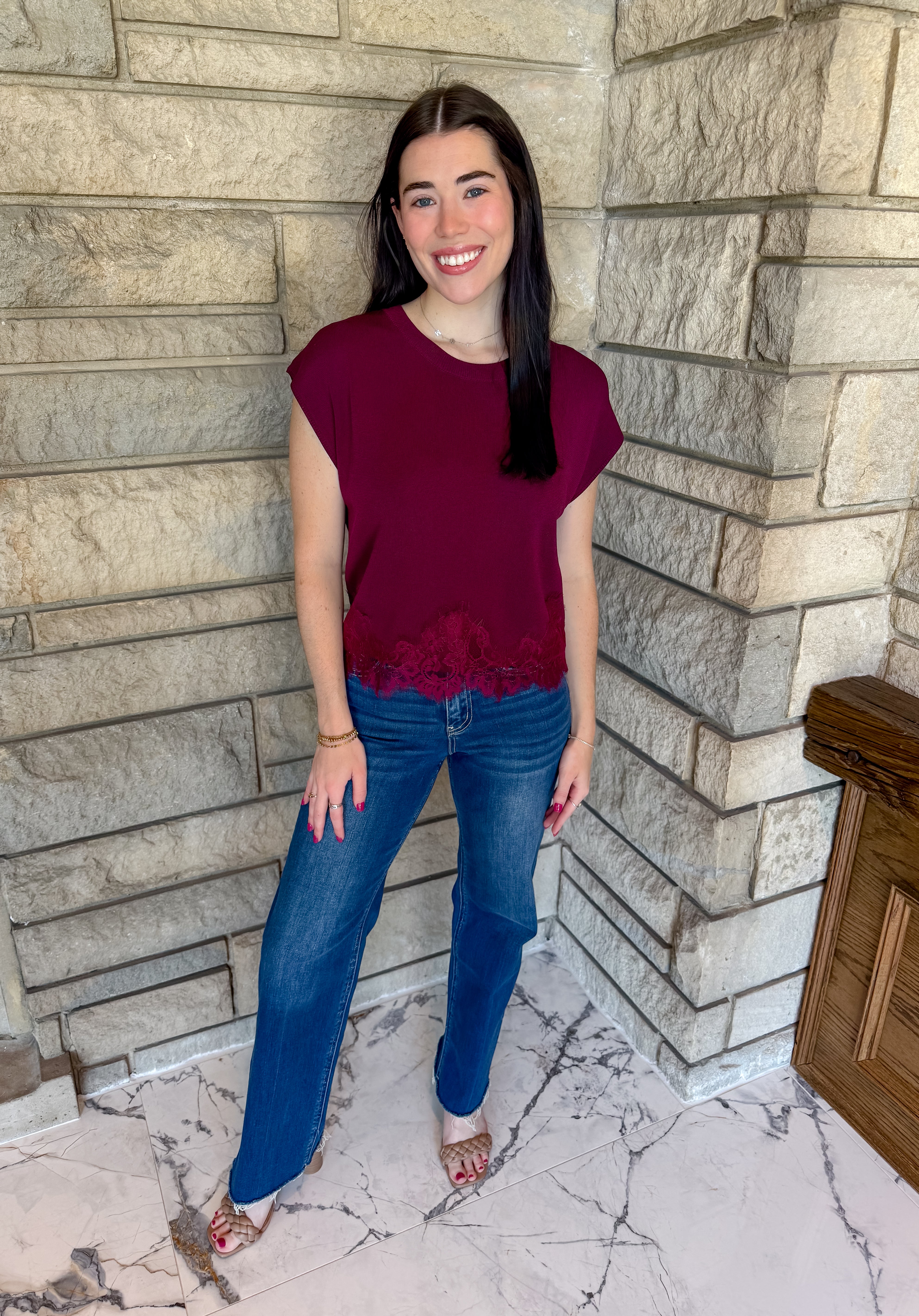 burgundy Cap sleeve lightweight knit top with lace trim along hem