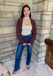 chocolate brown open cropped cardigan with lace trim