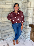 burgundy satin top with light pink large polka dots buttons collar short sleeves
