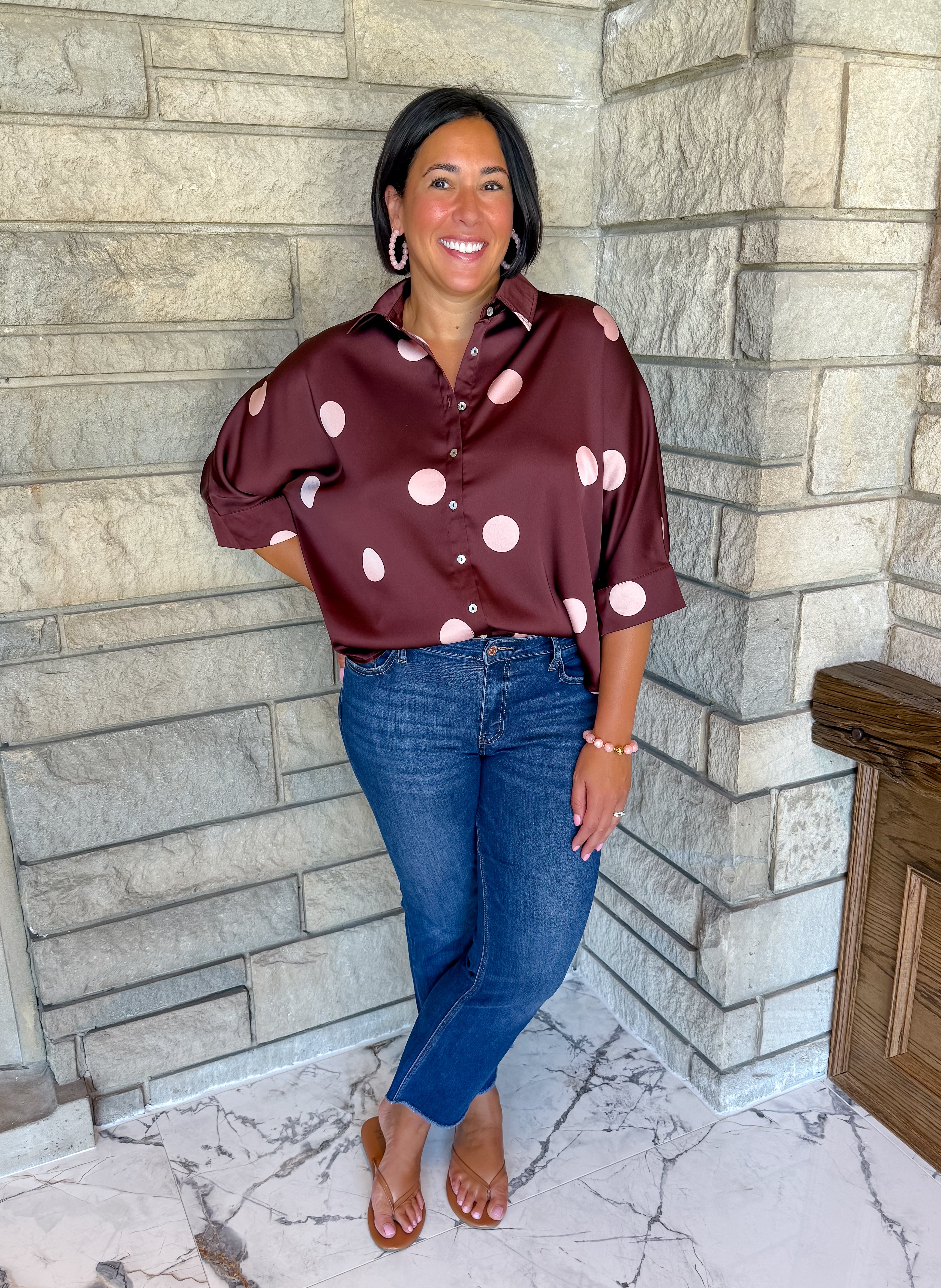 burgundy satin top with light pink large polka dots buttons collar short sleeves