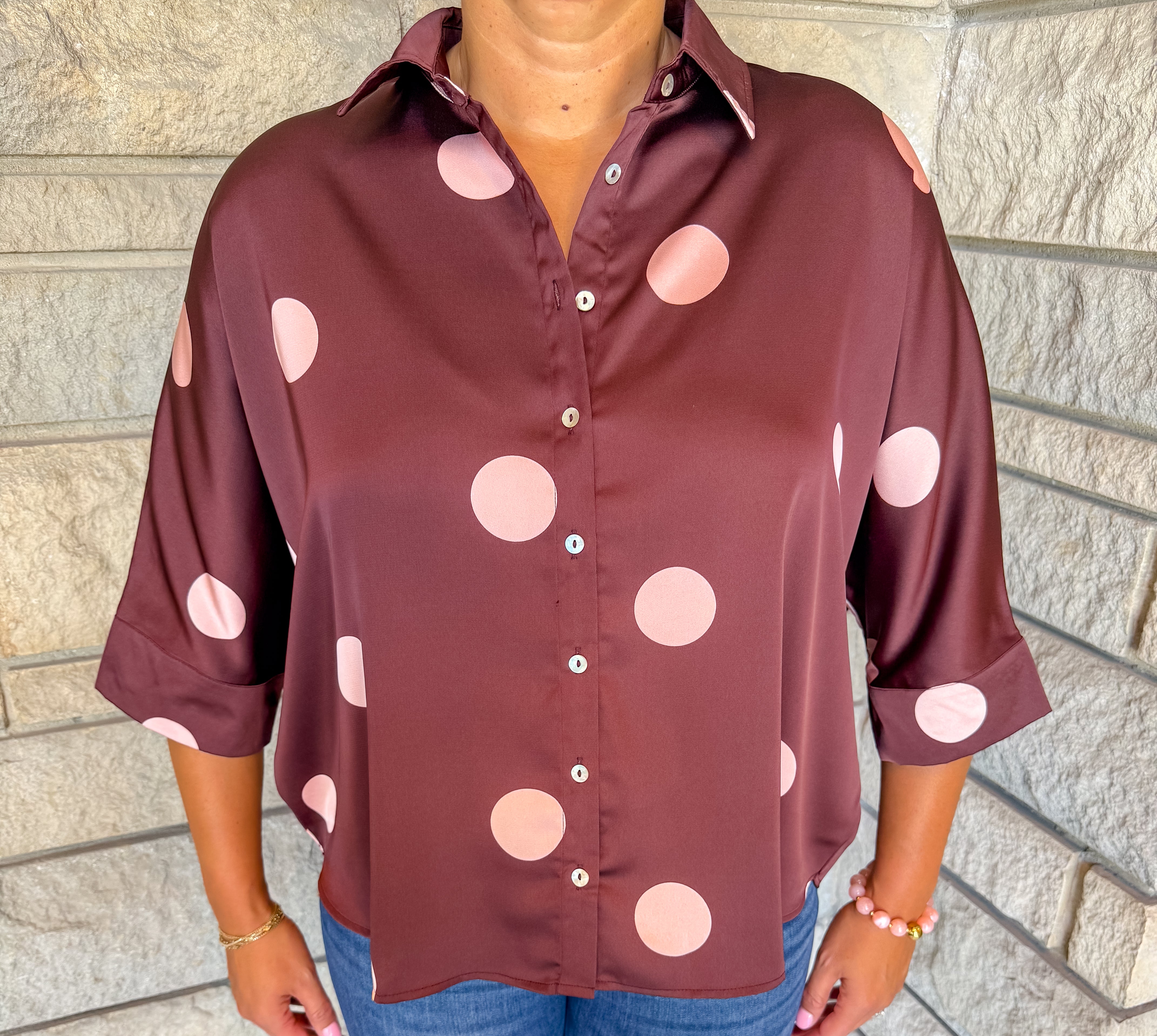 Jeni Polka Dot 3/4 Sleeve Silk Top
