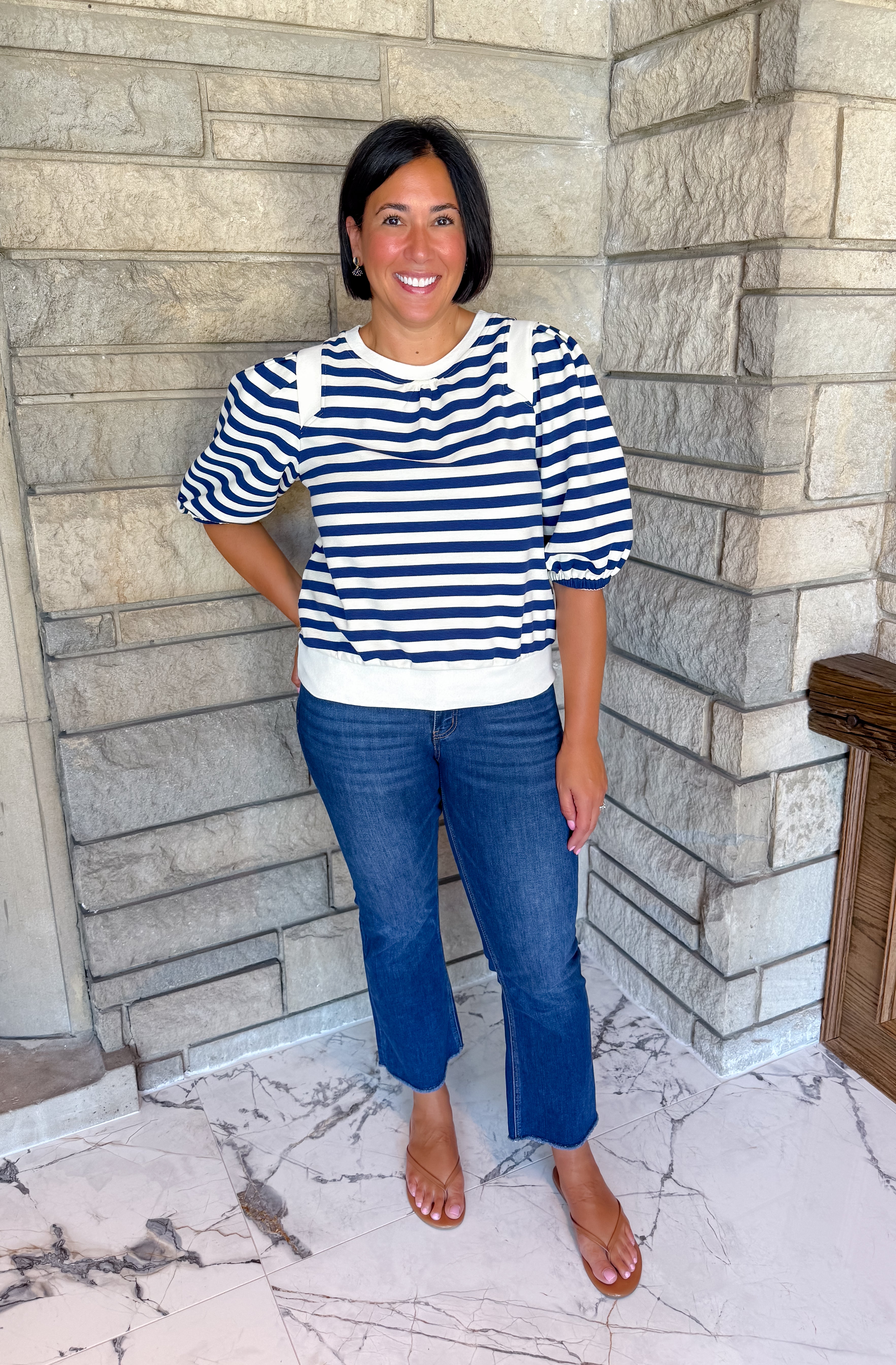 Navy and off white striped top crewneck and half balloon sleeves with elastic puff sleeves solid banded hem