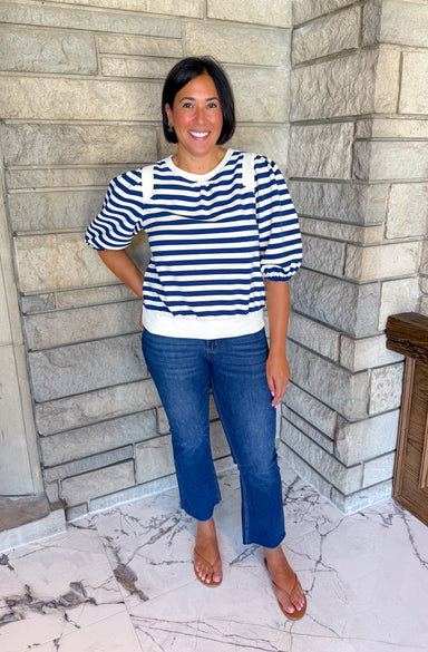Navy and off white striped top crewneck and half balloon sleeves with elastic puff sleeves solid banded hem
