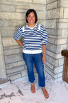 Navy and off white striped top crewneck and half balloon sleeves with elastic puff sleeves solid banded hem