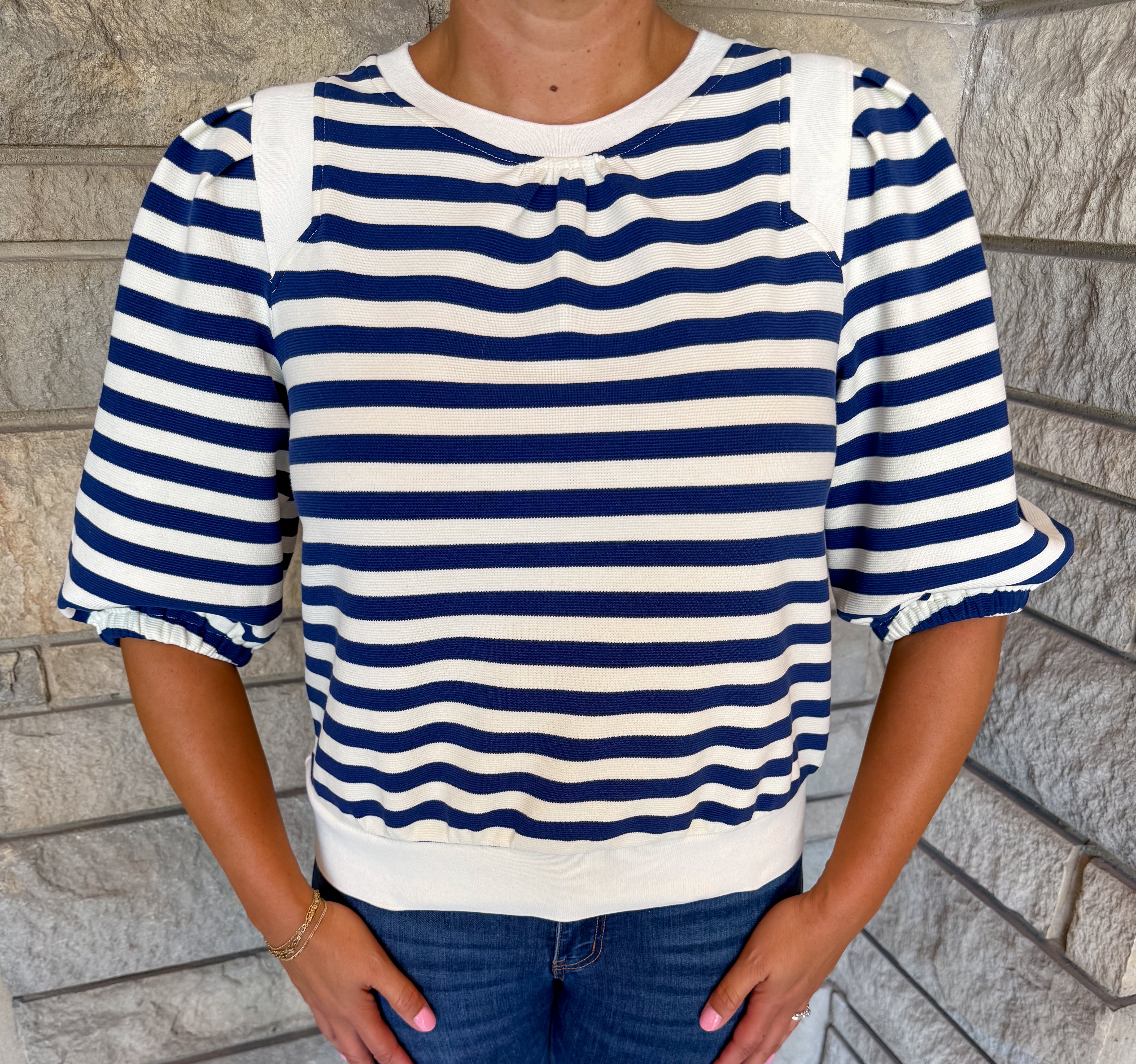 Edith Striped Contrast Band Puff Top