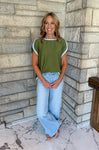 Olive green cap sleeve top with light blue and white striped trim