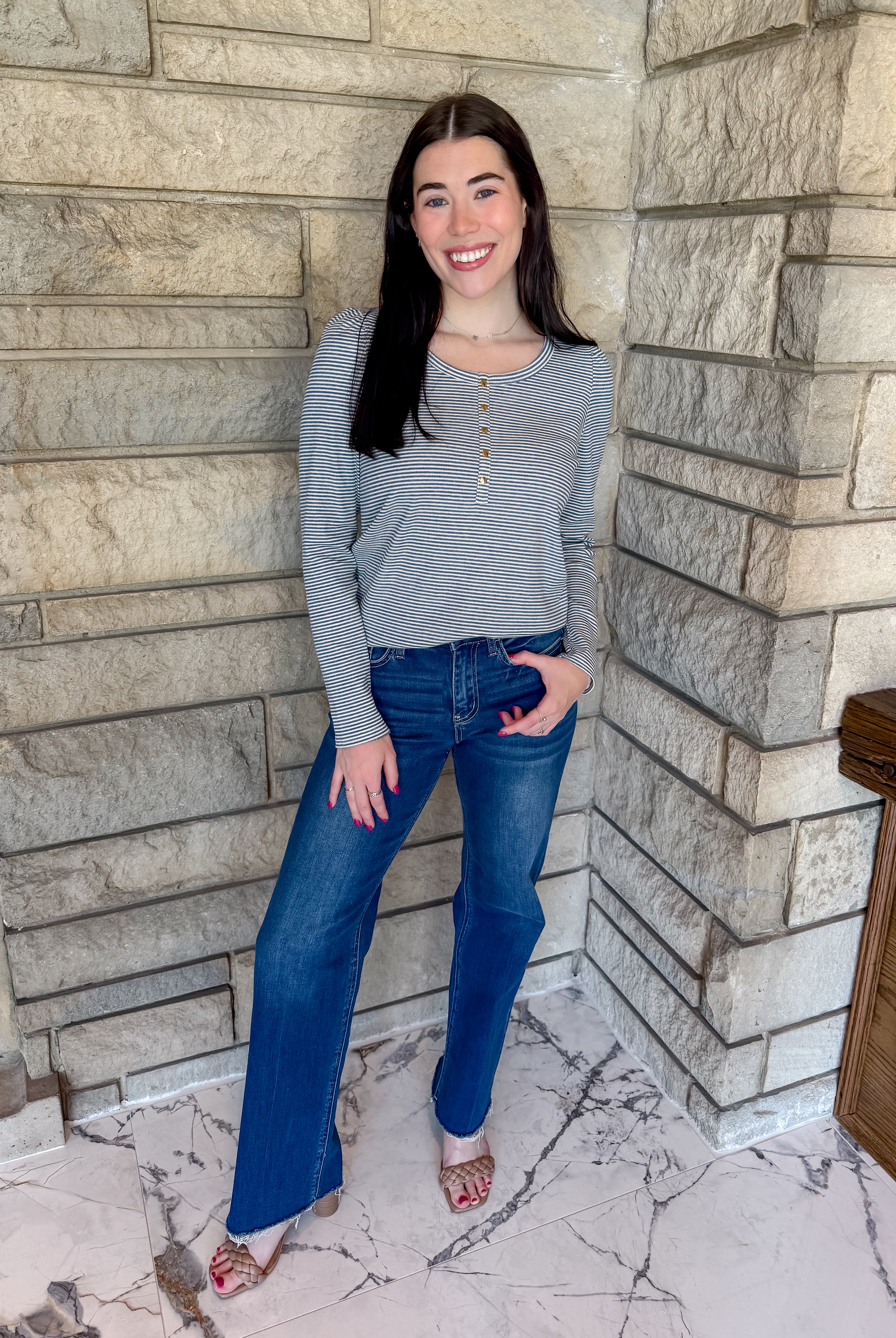 Long sleeve mini striped henly shirt gold buttons