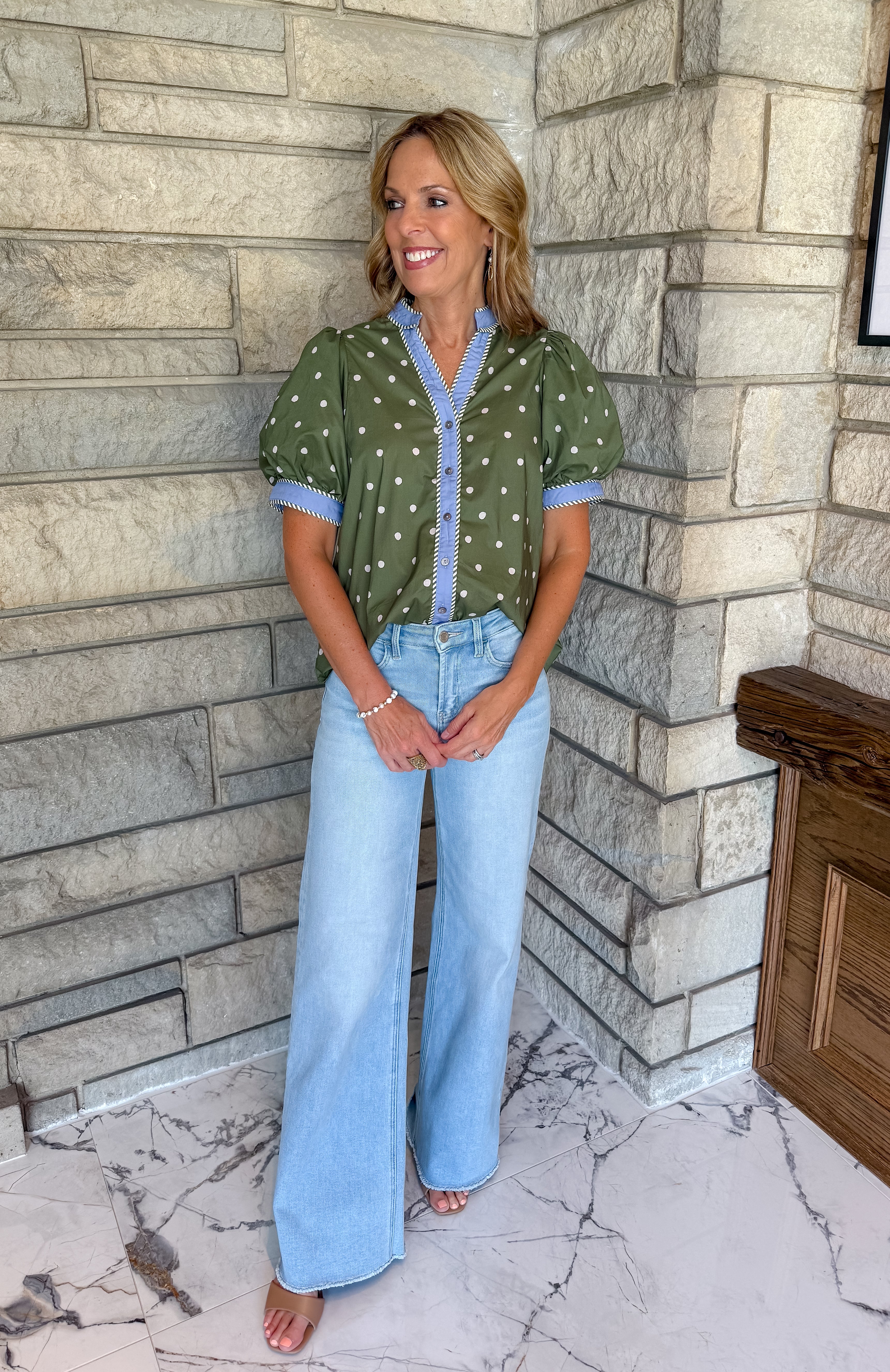 olive green puff sleeve top with ivory polka dots light blue trim buttons and cuffs