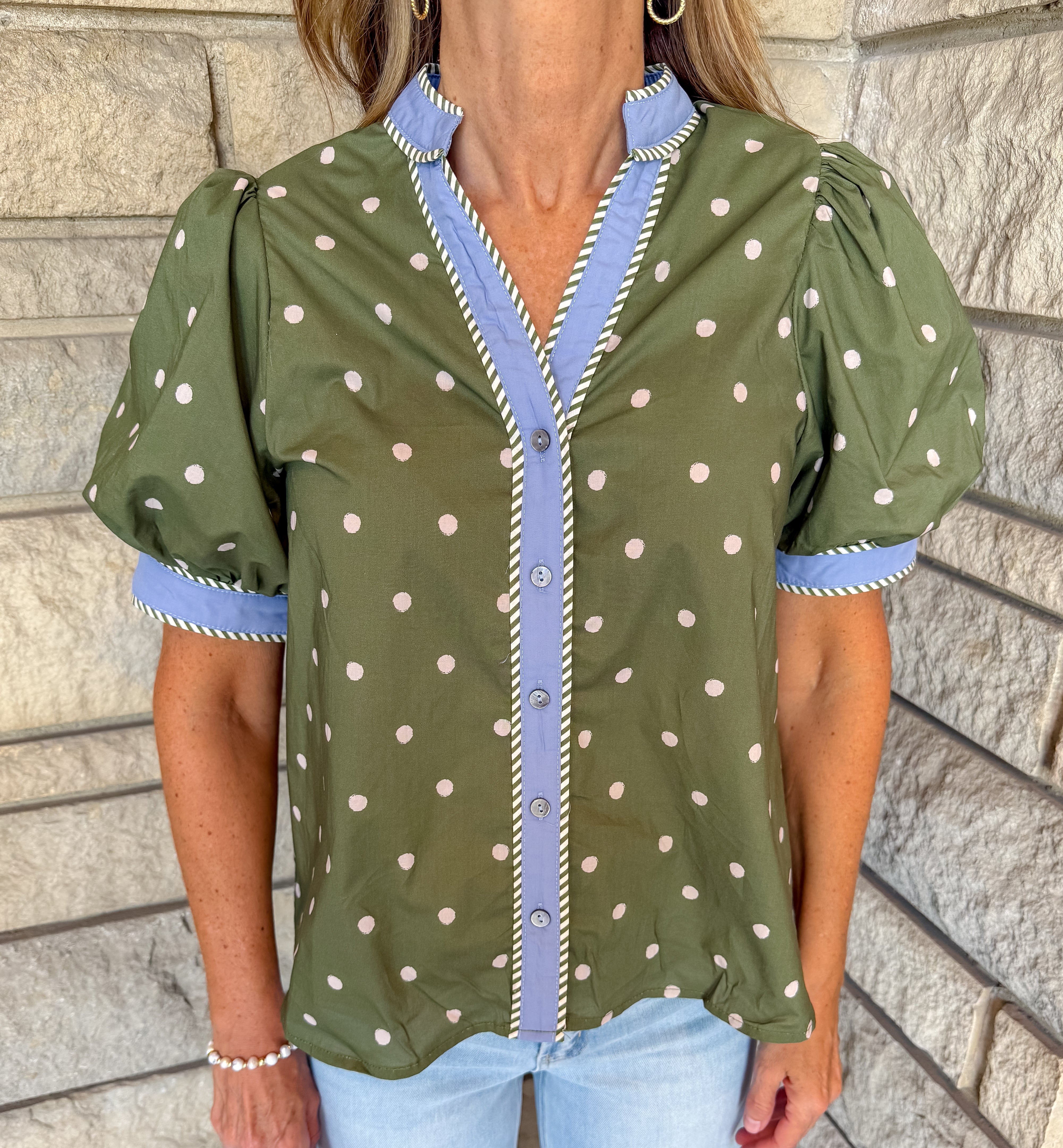 Dylan Contrast Trim Polka Dot Top