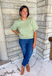 dark sage crew neck short sleeve sweater puff bubble sleeves banded hem