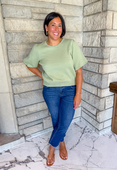 dark sage crew neck short sleeve sweater puff bubble sleeves banded hem
